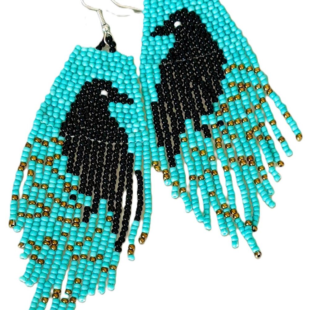Hand Beaded Turquoise Black Ravens Crows Seed Bead Tasseled Dangle Earrings New